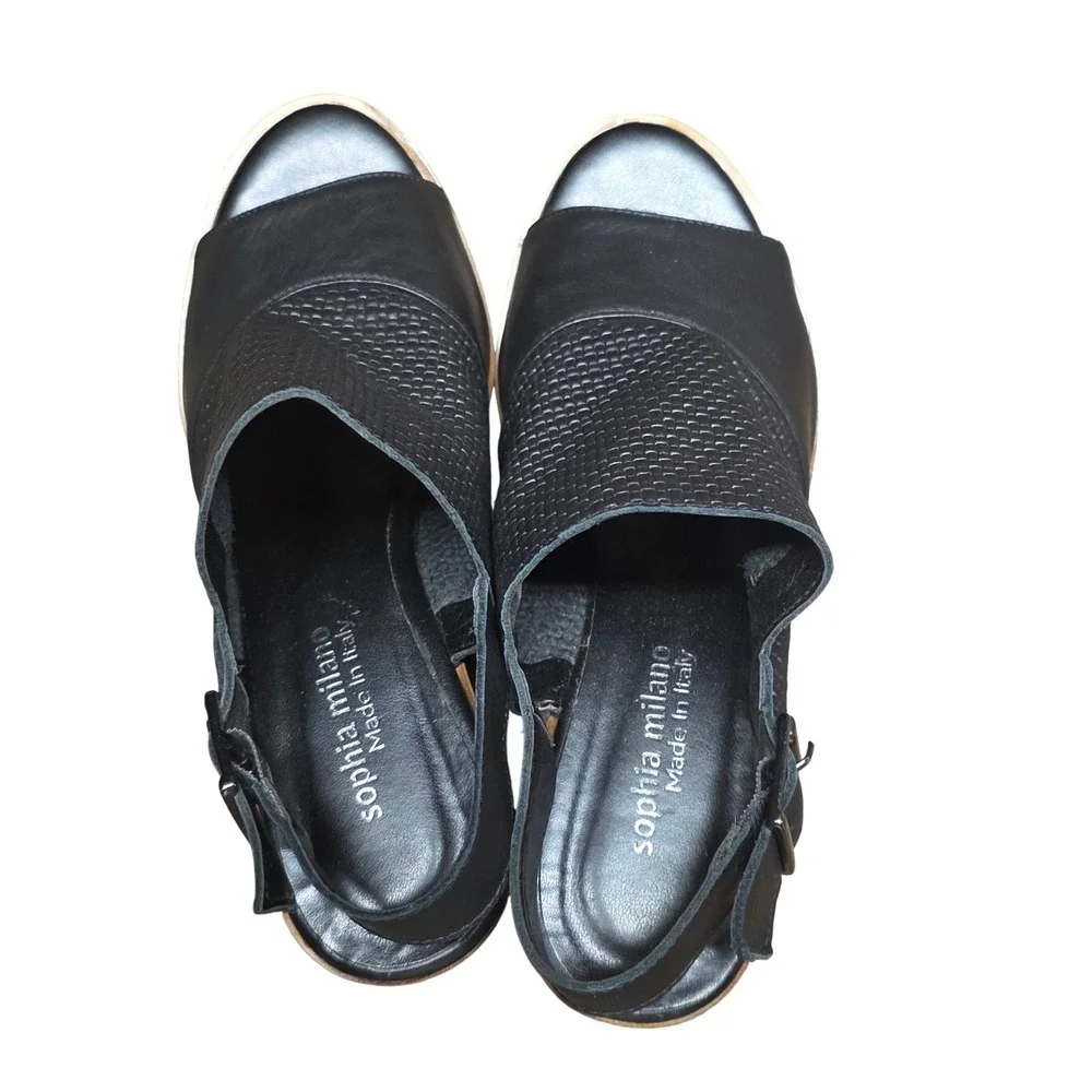 Sophia Milano Black Woven Leather Slingback Wedge Sandals Made in Italy Size 8.5